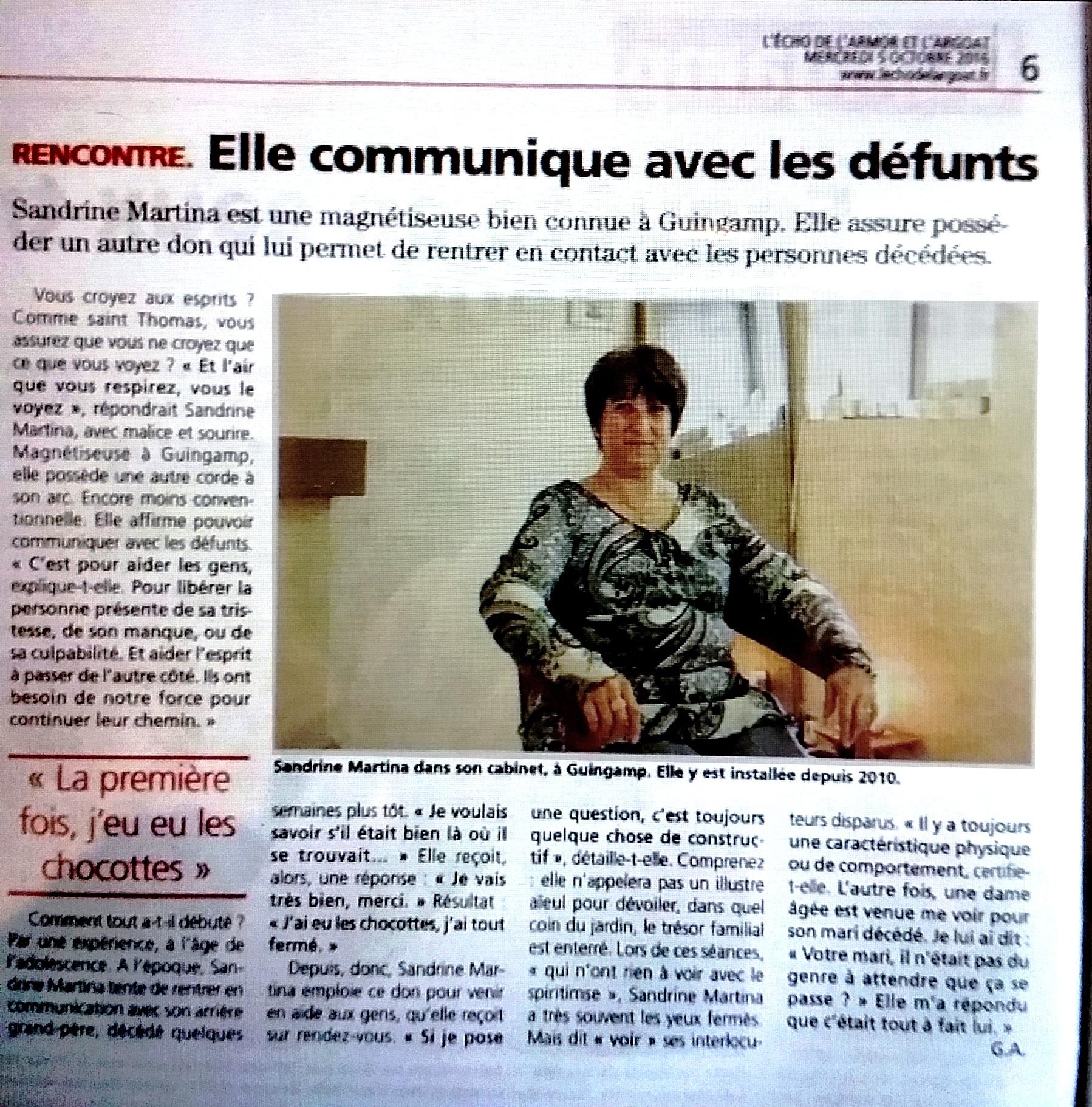 Cliquez pour lire l'article de presse Sandrine Martina communique avec défunts dans l'Echo Armor Argoat octobre 2016