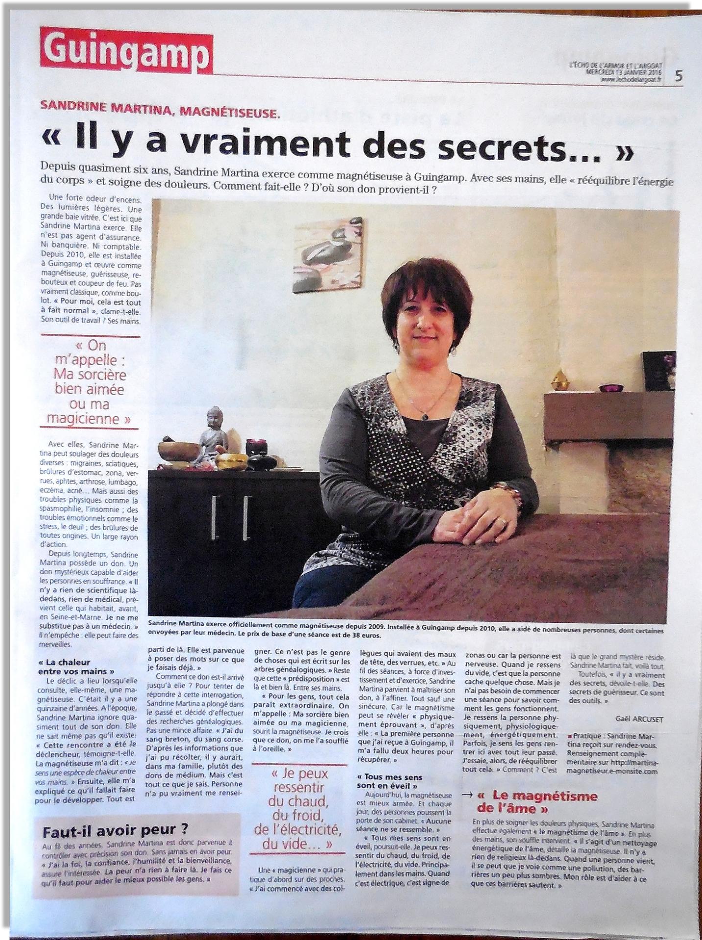 CLIQUEZ SUR L'IMAGE pour lire l' Article presse sandrine martina la magnétiseuse et ses mystères dans l echo janvier 2016