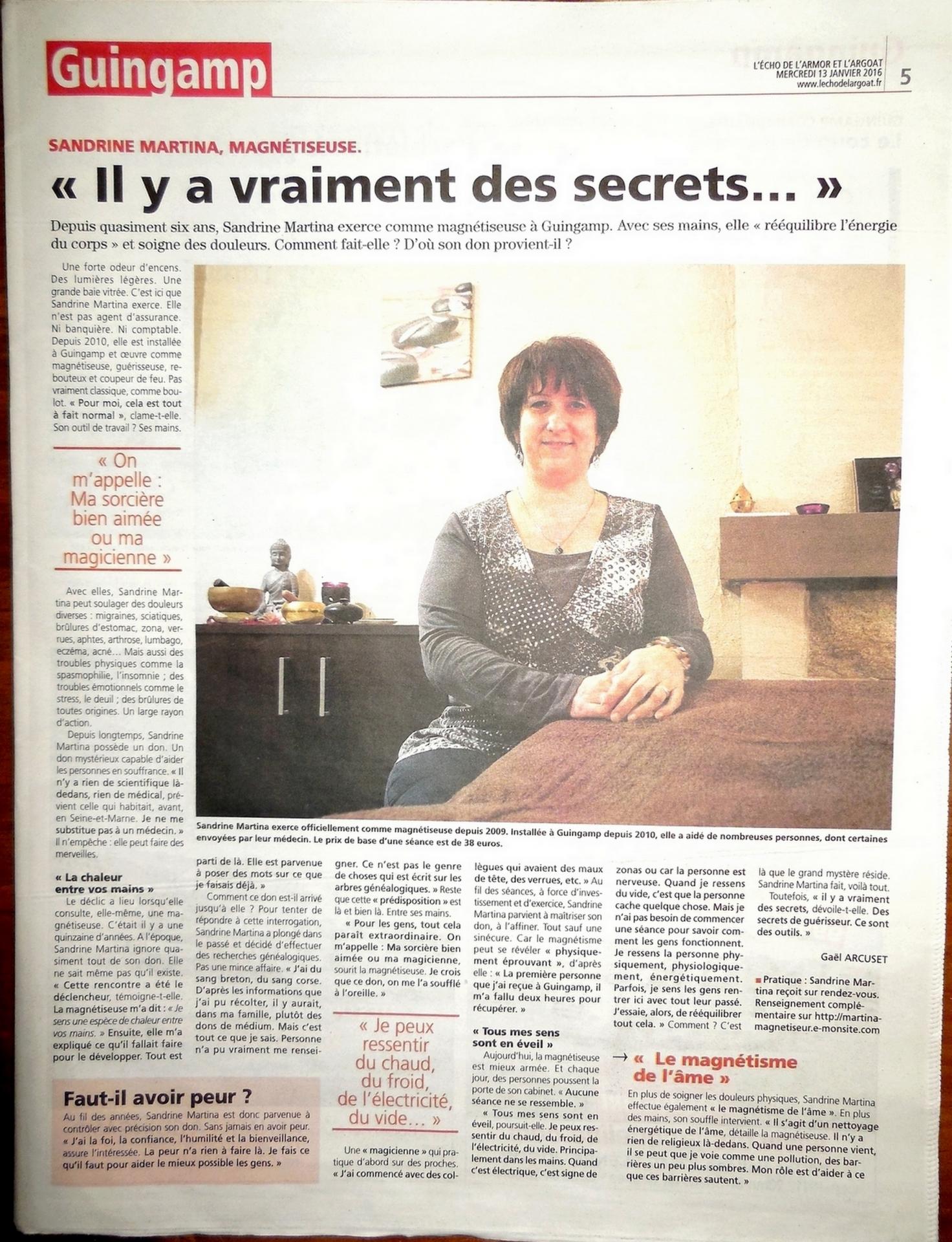 CLIQUEZ POUR LIRE Article presse sandrine martina la magnétiseuse et ses mystères dans l echo janvier 2016