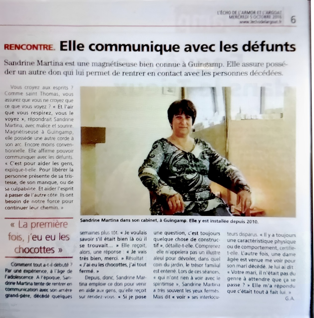 Article presse sandrine martina medium communique avec les defunts dans l echo armor et argoat octobre 2016 guingamp 2 1ph