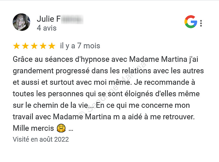 Google avis hypnose guingamp avec sandrine martina hypnothérapeute Guingamp avril 2022